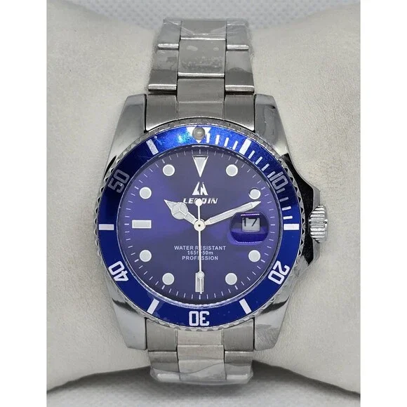Men's Lenqin Classic Silver Tone Blue Dial Luminous Date Bracelet Watch 13 - Picture 1 of 8